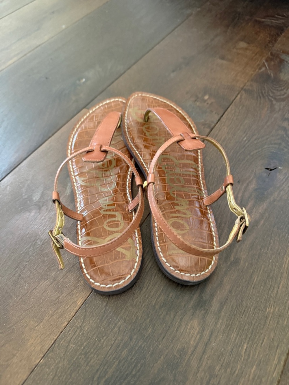 Sam Edelman Tan Brown T-Strap Leather Sandals - Picture 4 of 5